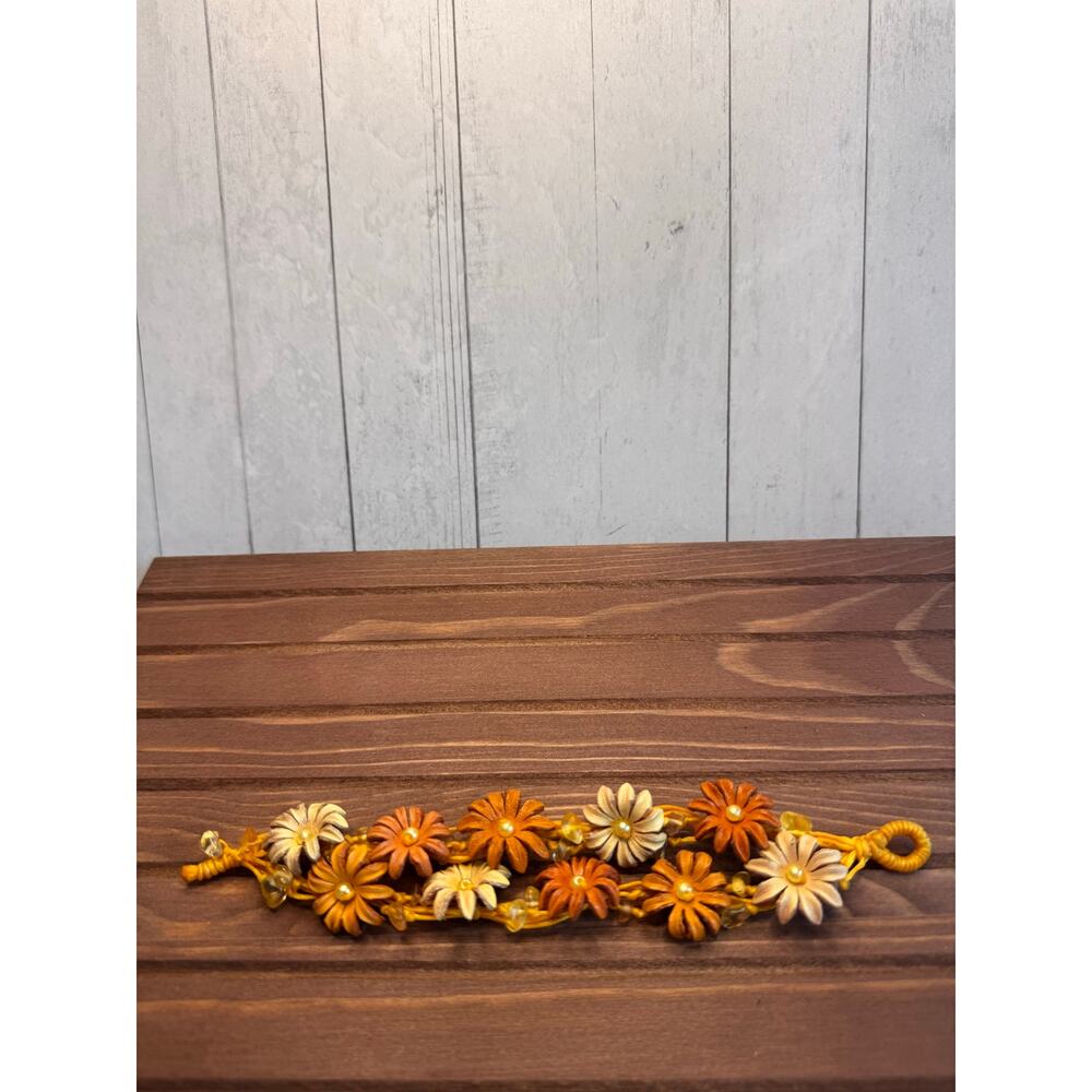 Handmade Genuine Leather Yellow Flower Bracelet w Stones Yellow Bracelet NEW